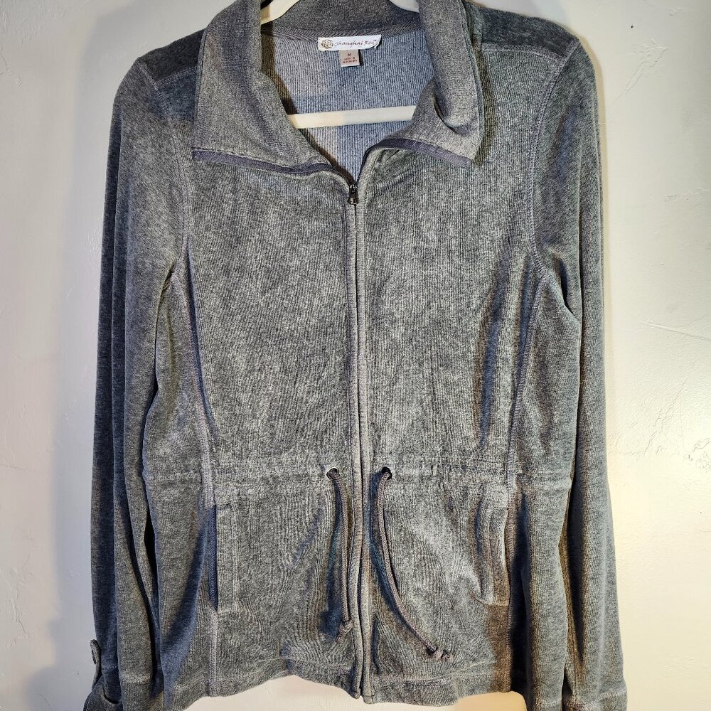 Shanghai Red Gray Soft Knit Zip‎ Front Tie Waist Sweatshirt Size Small